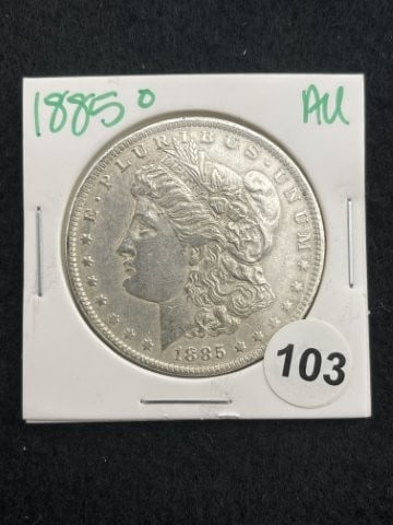 1885 O AU Morgan Silver Dollar Coin: KEY WORDS: INDIAN ARTIFACT ARTIFACTS ARROWHEAD ARROWHEADS NATIVE AMERICAN MISSISSIPPIAN QUAPAW CADDO POTTERY COINS MORGAN DOLLAR PEACE DOLLAR SILVER COINS. All coins have been Sigma tested for authent
