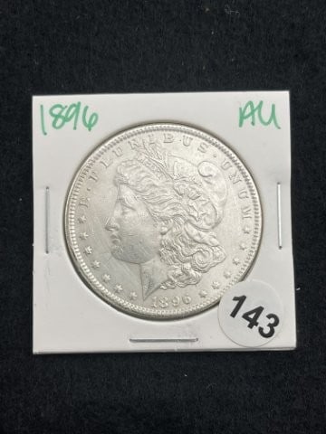 1896 AU Morgan Silver Dollar Coin: KEY WORDS: INDIAN ARTIFACT ARTIFACTS ARROWHEAD ARROWHEADS NATIVE AMERICAN MISSISSIPPIAN QUAPAW CADDO POTTERY COINS MORGAN DOLLAR PEACE DOLLAR SILVER COINS. All coins have been Sigma tested for authent