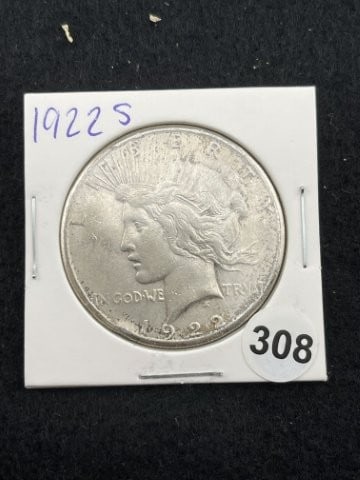 1922 S Peace Silver Dollar Coin: KEY WORDS: INDIAN ARTIFACT ARTIFACTS ARROWHEAD ARROWHEADS NATIVE AMERICAN MISSISSIPPIAN QUAPAW CADDO POTTERY COINS MORGAN DOLLAR PEACE DOLLAR SILVER COINS. All coins have been Sigma tested for authent