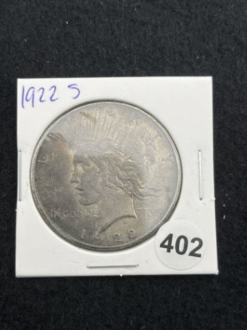 1922 S Peace Silver Dollar Coin: KEY WORDS: INDIAN ARTIFACT ARTIFACTS ARROWHEAD ARROWHEADS NATIVE AMERICAN MISSISSIPPIAN QUAPAW CADDO POTTERY COINS MORGAN DOLLAR PEACE DOLLAR SILVER COINS. All coins have been Sigma tested for authent