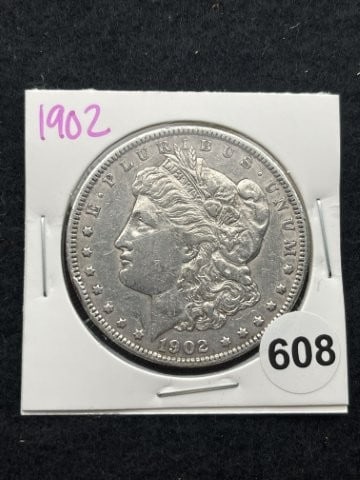 1902 Morgan Silver Dollar Coin: KEY WORDS: INDIAN ARTIFACT ARTIFACTS ARROWHEAD ARROWHEADS NATIVE AMERICAN MISSISSIPPIAN QUAPAW CADDO POTTERY COINS MORGAN DOLLAR PEACE DOLLAR SILVER COINS. All coins have been Sigma tested for authent