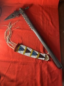 Spontoon Tomahawk Pipe with Beaded Drop Indian Artifact Arrowhead