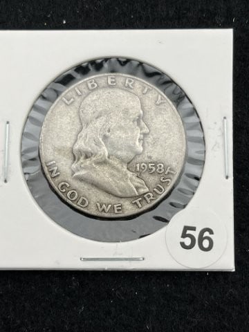 1958 Franklin Half Dollar Silver Coin: KEY WORDS: INDIAN ARTIFACT ARTIFACTS ARROWHEAD ARROWHEADS NATIVE AMERICAN MISSISSIPPIAN QUAPAW CADDO POTTERY COINS MORGAN DOLLAR PEACE DOLLAR SILVER COINS. All coins have been Sigma tested for authent