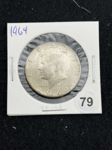 1964 Kennedy Half Dollar Silver Coin: KEY WORDS: INDIAN ARTIFACT ARTIFACTS ARROWHEAD ARROWHEADS NATIVE AMERICAN MISSISSIPPIAN QUAPAW CADDO POTTERY COINS MORGAN DOLLAR PEACE DOLLAR SILVER COINS. All coins have been Sigma tested for authent