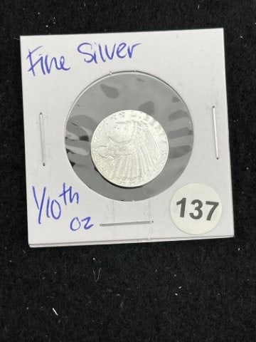 1/10th Fine Silver Coin: KEY WORDS: INDIAN ARTIFACT ARTIFACTS ARROWHEAD ARROWHEADS NATIVE AMERICAN MISSISSIPPIAN QUAPAW CADDO POTTERY COINS MORGAN DOLLAR PEACE DOLLAR SILVER COINS. All coins have been Sigma tested for authent