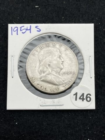 1954 S Franklin Half Dollar Silver Coin: KEY WORDS: INDIAN ARTIFACT ARTIFACTS ARROWHEAD ARROWHEADS NATIVE AMERICAN MISSISSIPPIAN QUAPAW CADDO POTTERY COINS MORGAN DOLLAR PEACE DOLLAR SILVER COINS. All coins have been Sigma tested for authent