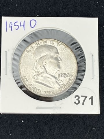 1954 D Franklin Half Dollar Silver Coin: KEY WORDS: INDIAN ARTIFACT ARTIFACTS ARROWHEAD ARROWHEADS NATIVE AMERICAN MISSISSIPPIAN QUAPAW CADDO POTTERY COINS MORGAN DOLLAR PEACE DOLLAR SILVER COINS. All coins have been Sigma tested for authent