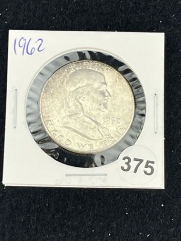 1962 Franklin Half Dollar Silver Coin: KEY WORDS: INDIAN ARTIFACT ARTIFACTS ARROWHEAD ARROWHEADS NATIVE AMERICAN MISSISSIPPIAN QUAPAW CADDO POTTERY COINS MORGAN DOLLAR PEACE DOLLAR SILVER COINS. All coins have been Sigma tested for authent