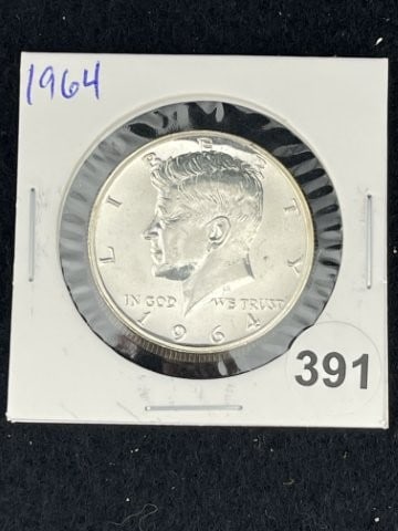 1964 Kennedy Half Dollar Silver Coin: KEY WORDS: INDIAN ARTIFACT ARTIFACTS ARROWHEAD ARROWHEADS NATIVE AMERICAN MISSISSIPPIAN QUAPAW CADDO POTTERY COINS MORGAN DOLLAR PEACE DOLLAR SILVER COINS. All coins have been Sigma tested for authent