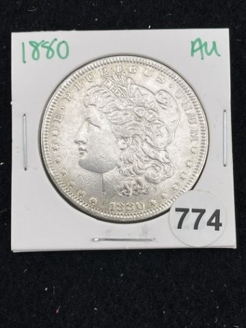 1880 AU Morgan Silver Dollar Coin: KEY WORDS: INDIAN ARTIFACT AR+C676:I992TIFACTS ARROWHEAD ARROWHEADS NATIVE AMERICAN MISSISSIPPIAN QUAPAW CADDO POTTERY COINS MORGAN DOLLAR PEACE DOLLAR SILVER COINS. All coins have been Sigma tested f