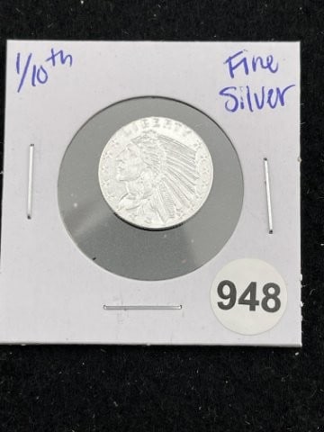 1/10th Fine Silver Coin: KEY WORDS: INDIAN ARTIFACT AR+C676:I992TIFACTS ARROWHEAD ARROWHEADS NATIVE AMERICAN MISSISSIPPIAN QUAPAW CADDO POTTERY COINS MORGAN DOLLAR PEACE DOLLAR SILVER COINS. All coins have been Sigma tested f