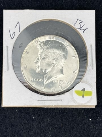 1967 Kennedy Half Dollar Silver Coin: KEY WORDS: INDIAN ARTIFACT AR+C676:I992TIFACTS ARROWHEAD ARROWHEADS NATIVE AMERICAN MISSISSIPPIAN QUAPAW CADDO POTTERY COINS MORGAN DOLLAR PEACE DOLLAR SILVER COINS. All coins have been Sigma tested f