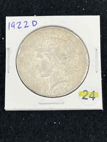 1922 D Peace Silver Dollar Coin: KEY WORDS: INDIAN ARTIFACT AR+C676:I992TIFACTS ARROWHEAD ARROWHEADS NATIVE AMERICAN MISSISSIPPIAN QUAPAW CADDO POTTERY COINS MORGAN DOLLAR PEACE DOLLAR SILVER COINS. All coins have been Sigma tested f