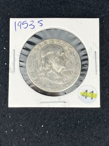 1953 S Franklin Half Dollar Silver Coin: KEY WORDS: INDIAN ARTIFACT AR+C676:I992TIFACTS ARROWHEAD ARROWHEADS NATIVE AMERICAN MISSISSIPPIAN QUAPAW CADDO POTTERY COINS MORGAN DOLLAR PEACE DOLLAR SILVER COINS. All coins have been Sigma tested f