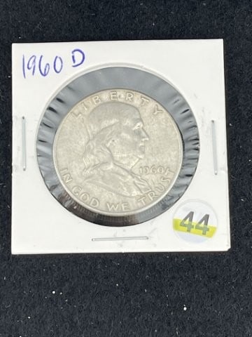 1960 D Franklin Half Dollar Silver Coin: KEY WORDS: INDIAN ARTIFACT AR+C676:I992TIFACTS ARROWHEAD ARROWHEADS NATIVE AMERICAN MISSISSIPPIAN QUAPAW CADDO POTTERY COINS MORGAN DOLLAR PEACE DOLLAR SILVER COINS. All coins have been Sigma tested f