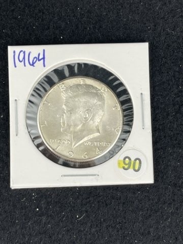 1964 Kennedy Half Dollar Silver Coin: KEY WORDS: INDIAN ARTIFACT AR+C676:I992TIFACTS ARROWHEAD ARROWHEADS NATIVE AMERICAN MISSISSIPPIAN QUAPAW CADDO POTTERY COINS MORGAN DOLLAR PEACE DOLLAR SILVER COINS. All coins have been Sigma tested f
