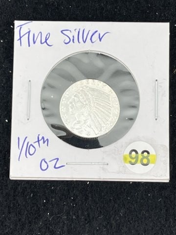 1/10th Fine Silver Coin: KEY WORDS: INDIAN ARTIFACT AR+C676:I992TIFACTS ARROWHEAD ARROWHEADS NATIVE AMERICAN MISSISSIPPIAN QUAPAW CADDO POTTERY COINS MORGAN DOLLAR PEACE DOLLAR SILVER COINS. All coins have been Sigma tested f