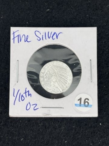 1/10th Fine Silver Coin: KEY WORDS: INDIAN ARTIFACT AR+C676:I992TIFACTS ARROWHEAD ARROWHEADS NATIVE AMERICAN MISSISSIPPIAN QUAPAW CADDO POTTERY COINS MORGAN DOLLAR PEACE DOLLAR SILVER COINS. All coins have been Sigma tested f