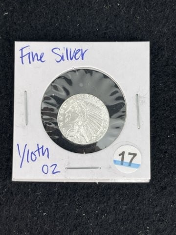 1/10th Fine Silver Coin: KEY WORDS: INDIAN ARTIFACT AR+C676:I992TIFACTS ARROWHEAD ARROWHEADS NATIVE AMERICAN MISSISSIPPIAN QUAPAW CADDO POTTERY COINS MORGAN DOLLAR PEACE DOLLAR SILVER COINS. All coins have been Sigma tested f