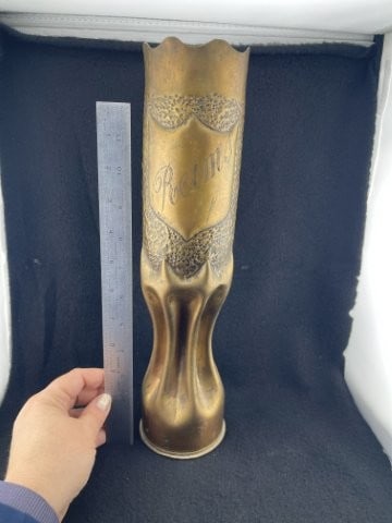 Trench Art from Large Artillery Shell: KEY WORDS: INDIAN ARTIFACT ARTIFACTS ARROWHEAD ARROWHEADS NATIVE AMERICAN MISSISSIPPIAN QUAPAW CADDO POTTERY COINS MORGAN DOLLAR PEACE DOLLAR SILVER COINS. All coins have been Sigma tested for authent