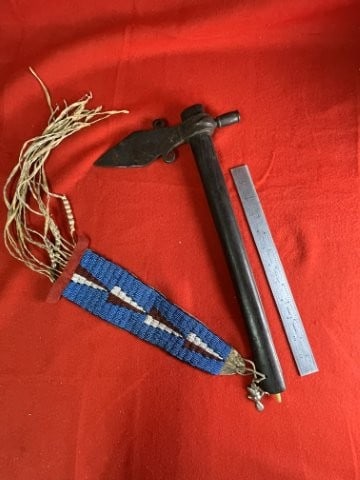 Spontoon Pipe Tomahawk with Beaded Drop: KEY WORDS: INDIAN ARTIFACT ARTIFACTS ARROWHEAD ARROWHEADS NATIVE AMERICAN MISSISSIPPIAN QUAPAW CADDO POTTERY COINS MORGAN DOLLAR PEACE DOLLAR SILVER COINS. All coins have been Sigma tested for authent