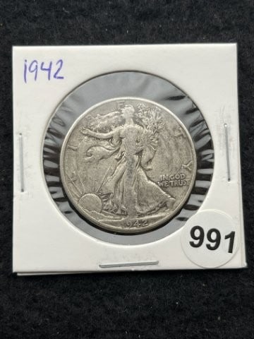 1942 Walking Liberty Half Dollar Silver Coin: KEY WORDS: INDIAN ARTIFACT ARTIFACTS ARROWHEAD ARROWHEADS NATIVE AMERICAN MISSISSIPPIAN QUAPAW CADDO POTTERY COINS MORGAN DOLLAR PEACE DOLLAR SILVER COINS. All coins have been Sigma tested for authent