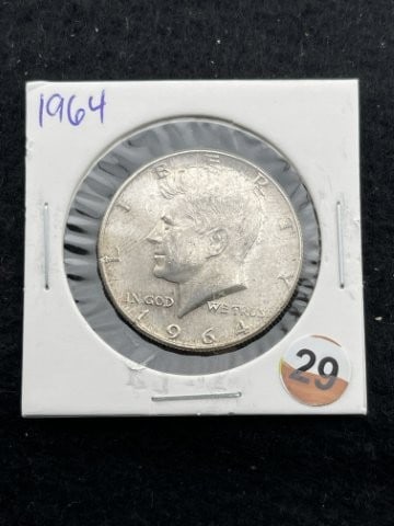 1964 Kennedy Half Dollar Silver Coin: KEY WORDS: INDIAN ARTIFACT ARTIFACTS ARROWHEAD ARROWHEADS NATIVE AMERICAN MISSISSIPPIAN QUAPAW CADDO POTTERY COINS MORGAN DOLLAR PEACE DOLLAR SILVER COINS. All coins have been Sigma tested for authent