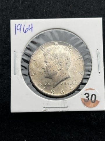 1964 Kennedy Half Dollar Silver Coin: KEY WORDS: INDIAN ARTIFACT ARTIFACTS ARROWHEAD ARROWHEADS NATIVE AMERICAN MISSISSIPPIAN QUAPAW CADDO POTTERY COINS MORGAN DOLLAR PEACE DOLLAR SILVER COINS. All coins have been Sigma tested for authent