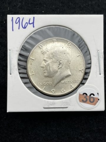 1964 Kennedy Half Dollar Silver Coin: KEY WORDS: INDIAN ARTIFACT ARTIFACTS ARROWHEAD ARROWHEADS NATIVE AMERICAN MISSISSIPPIAN QUAPAW CADDO POTTERY COINS MORGAN DOLLAR PEACE DOLLAR SILVER COINS. All coins have been Sigma tested for authent