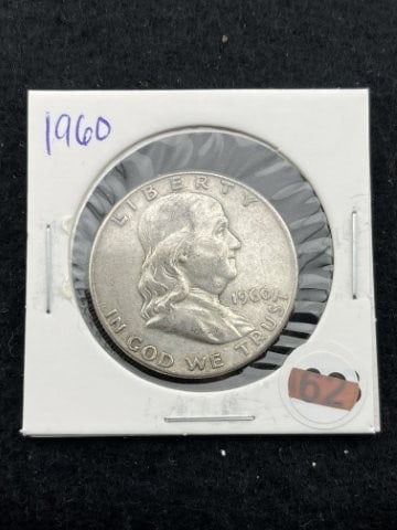 1960 Franklin Half Dollar Silver Coin: KEY WORDS: INDIAN ARTIFACT ARTIFACTS ARROWHEAD ARROWHEADS NATIVE AMERICAN MISSISSIPPIAN QUAPAW CADDO POTTERY COINS MORGAN DOLLAR PEACE DOLLAR SILVER COINS. All coins have been Sigma tested for authent
