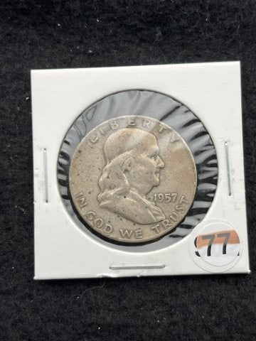 1957 Franklin Half Dollar Silver Coin: KEY WORDS: INDIAN ARTIFACT ARTIFACTS ARROWHEAD ARROWHEADS NATIVE AMERICAN MISSISSIPPIAN QUAPAW CADDO POTTERY COINS MORGAN DOLLAR PEACE DOLLAR SILVER COINS. All coins have been Sigma tested for authent