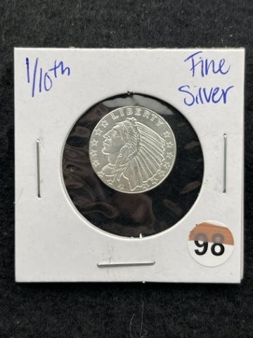 1/10th Fine Silver Coin: KEY WORDS: INDIAN ARTIFACT ARTIFACTS ARROWHEAD ARROWHEADS NATIVE AMERICAN MISSISSIPPIAN QUAPAW CADDO POTTERY COINS MORGAN DOLLAR PEACE DOLLAR SILVER COINS. All coins have been Sigma tested for authent