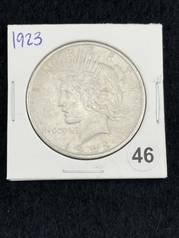 1923 Peace Silver Dollar Coin: KEY WORDS: INDIAN ARTIFACT ARTIFACTS ARROWHEAD ARROWHEADS NATIVE AMERICAN MISSISSIPPIAN QUAPAW CADDO POTTERY COINS MORGAN DOLLAR PEACE DOLLAR SILVER COINS. All coins have been Sigma tested for
