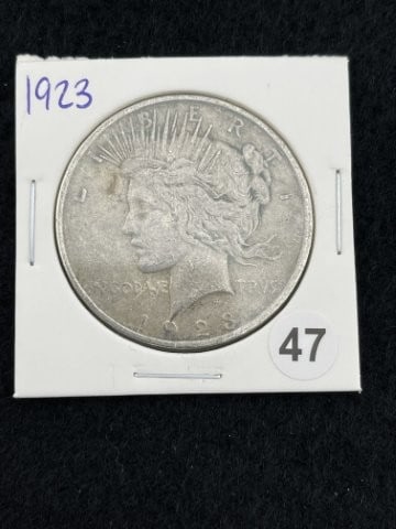 1923 Peace Silver Dollar Coin: KEY WORDS: INDIAN ARTIFACT ARTIFACTS ARROWHEAD ARROWHEADS NATIVE AMERICAN MISSISSIPPIAN QUAPAW CADDO POTTERY COINS MORGAN DOLLAR PEACE DOLLAR SILVER COINS. All coins have been Sigma tested for