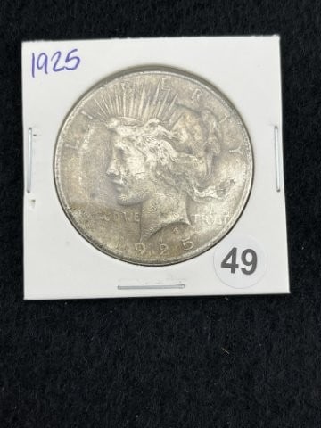 1925 Peace Silver Dollar Coin: KEY WORDS: INDIAN ARTIFACT ARTIFACTS ARROWHEAD ARROWHEADS NATIVE AMERICAN MISSISSIPPIAN QUAPAW CADDO POTTERY COINS MORGAN DOLLAR PEACE DOLLAR SILVER COINS. All coins have been Sigma tested for