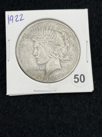 1922 Peace Silver Dollar Coin: KEY WORDS: INDIAN ARTIFACT ARTIFACTS ARROWHEAD ARROWHEADS NATIVE AMERICAN MISSISSIPPIAN QUAPAW CADDO POTTERY COINS MORGAN DOLLAR PEACE DOLLAR SILVER COINS. All coins have been Sigma tested for