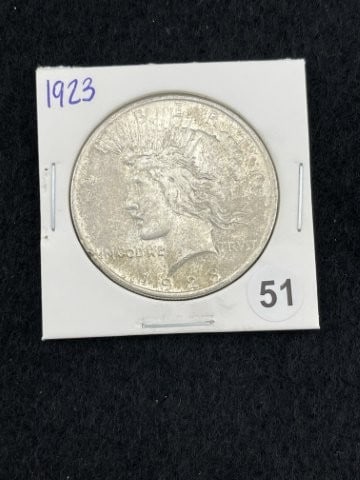 1923 Peace Silver Dollar Coin: KEY WORDS: INDIAN ARTIFACT ARTIFACTS ARROWHEAD ARROWHEADS NATIVE AMERICAN MISSISSIPPIAN QUAPAW CADDO POTTERY COINS MORGAN DOLLAR PEACE DOLLAR SILVER COINS. All coins have been Sigma tested for