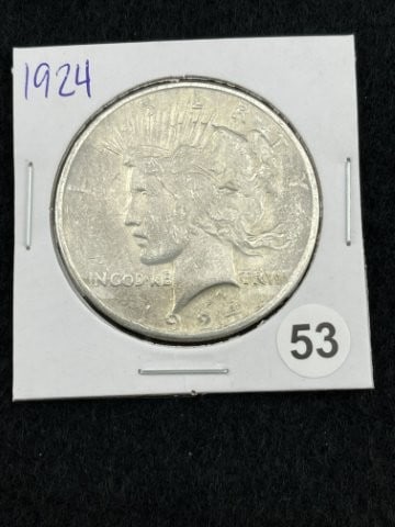 1924 Peace Silver Dollar Coin: KEY WORDS: INDIAN ARTIFACT ARTIFACTS ARROWHEAD ARROWHEADS NATIVE AMERICAN MISSISSIPPIAN QUAPAW CADDO POTTERY COINS MORGAN DOLLAR PEACE DOLLAR SILVER COINS. All coins have been Sigma tested for