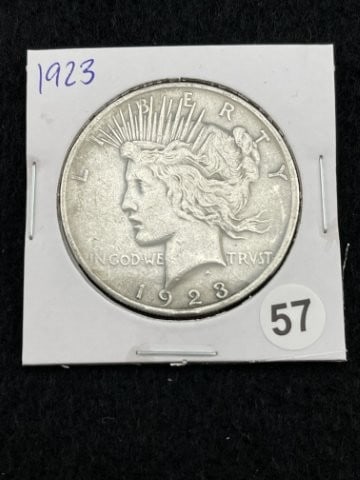 1923 Peace Silver Dollar Coin: KEY WORDS: INDIAN ARTIFACT ARTIFACTS ARROWHEAD ARROWHEADS NATIVE AMERICAN MISSISSIPPIAN QUAPAW CADDO POTTERY COINS MORGAN DOLLAR PEACE DOLLAR SILVER COINS. All coins have been Sigma tested for