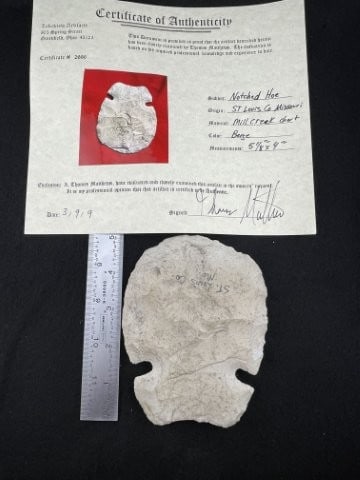 Notched Hoe with Thomas Matthews COA from St. Louis, Missouri Indian Artifact Arrowhead: KEY WORDS: INDIAN ARTIFACT ARTIFACTS ARROWHEAD ARROWHEADS NATIVE AMERICAN MISSISSIPPIAN QUAPAW CADDO POTTERY COINS MORGAN DOLLAR PEACE DOLLAR SILVER COINS. All coins have been Sigma tested for