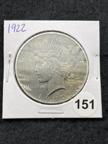 1922 Peace Silver Dollar Coin: KEY WORDS: INDIAN ARTIFACT ARTIFACTS ARROWHEAD ARROWHEADS NATIVE AMERICAN MISSISSIPPIAN QUAPAW CADDO POTTERY COINS MORGAN DOLLAR PEACE DOLLAR SILVER COINS. All coins have been Sigma tested for