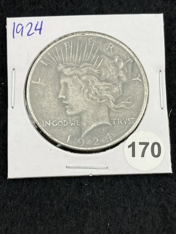 1924 Peace Silver Dollar Coin: KEY WORDS: INDIAN ARTIFACT ARTIFACTS ARROWHEAD ARROWHEADS NATIVE AMERICAN MISSISSIPPIAN QUAPAW CADDO POTTERY COINS MORGAN DOLLAR PEACE DOLLAR SILVER COINS. All coins have been Sigma tested for authent
