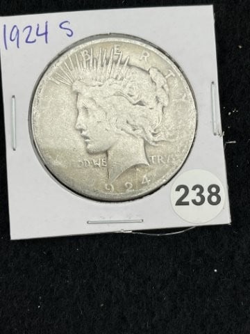 1924 S Peace Silver Dollar Coin: KEY WORDS: INDIAN ARTIFACT ARTIFACTS ARROWHEAD ARROWHEADS NATIVE AMERICAN MISSISSIPPIAN QUAPAW CADDO POTTERY COINS MORGAN DOLLAR PEACE DOLLAR SILVER COINS. All coins have been Sigma tested for