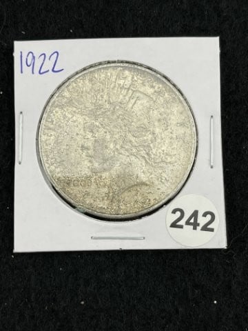 1922 Peace Silver Dollar Coin: KEY WORDS: INDIAN ARTIFACT ARTIFACTS ARROWHEAD ARROWHEADS NATIVE AMERICAN MISSISSIPPIAN QUAPAW CADDO POTTERY COINS MORGAN DOLLAR PEACE DOLLAR SILVER COINS. All coins have been Sigma tested for