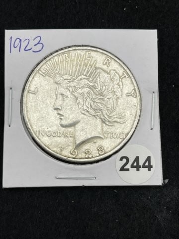 1923 Peace Silver Dollar Coin: KEY WORDS: INDIAN ARTIFACT ARTIFACTS ARROWHEAD ARROWHEADS NATIVE AMERICAN MISSISSIPPIAN QUAPAW CADDO POTTERY COINS MORGAN DOLLAR PEACE DOLLAR SILVER COINS. All coins have been Sigma tested for