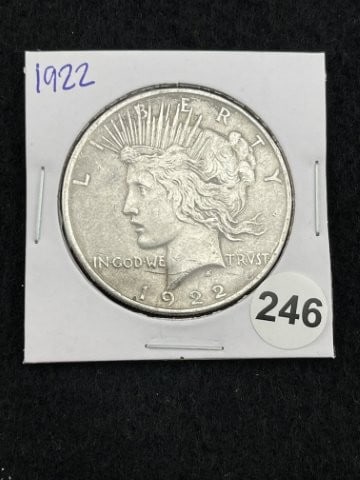 1922 Peace Silver Dollar Coin: KEY WORDS: INDIAN ARTIFACT ARTIFACTS ARROWHEAD ARROWHEADS NATIVE AMERICAN MISSISSIPPIAN QUAPAW CADDO POTTERY COINS MORGAN DOLLAR PEACE DOLLAR SILVER COINS. All coins have been Sigma tested for