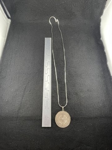 Sterling Silver Pendant with Necklace unmarked: KEY WORDS: INDIAN ARTIFACT ARTIFACTS ARROWHEAD ARROWHEADS NATIVE AMERICAN MISSISSIPPIAN QUAPAW CADDO POTTERY COINS MORGAN DOLLAR PEACE DOLLAR SILVER COINS. All coins have been Sigma tested for