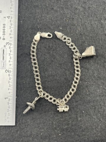 Sterling Bracelet: KEY WORDS: INDIAN ARTIFACT ARTIFACTS ARROWHEAD ARROWHEADS NATIVE AMERICAN MISSISSIPPIAN QUAPAW CADDO POTTERY COINS MORGAN DOLLAR PEACE DOLLAR SILVER COINS. All coins have been Sigma tested for