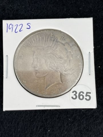 1922 S Peace Silver Dollar Coin: KEY WORDS: INDIAN ARTIFACT ARTIFACTS ARROWHEAD ARROWHEADS NATIVE AMERICAN MISSISSIPPIAN QUAPAW CADDO POTTERY COINS MORGAN DOLLAR PEACE DOLLAR SILVER COINS. All coins have been Sigma tested for