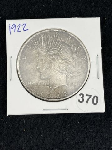1922 Peace Silver Dollar Coin: KEY WORDS: INDIAN ARTIFACT ARTIFACTS ARROWHEAD ARROWHEADS NATIVE AMERICAN MISSISSIPPIAN QUAPAW CADDO POTTERY COINS MORGAN DOLLAR PEACE DOLLAR SILVER COINS. All coins have been Sigma tested for